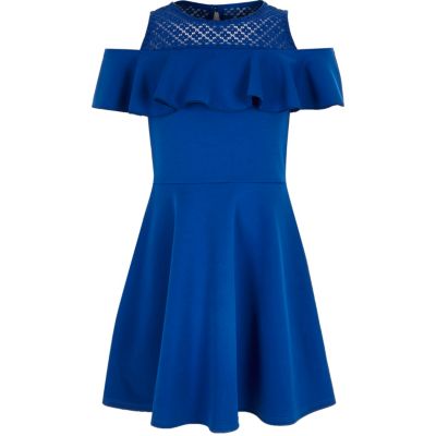 Girls blue frilly bardot dress